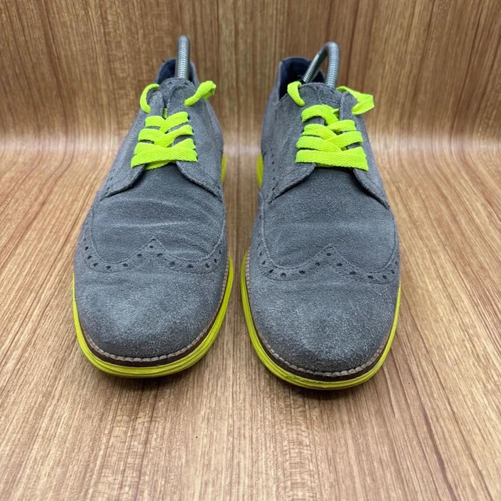 Cole Haan Lunargrand‎  Wingtip Oxford Grey Neon Yellow Men's 9.5M Suede Shoes